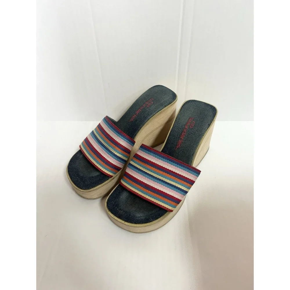 2000s NoBo Rainbow Striped Wedge Sandals Y2K Summer Beach Boho Festival